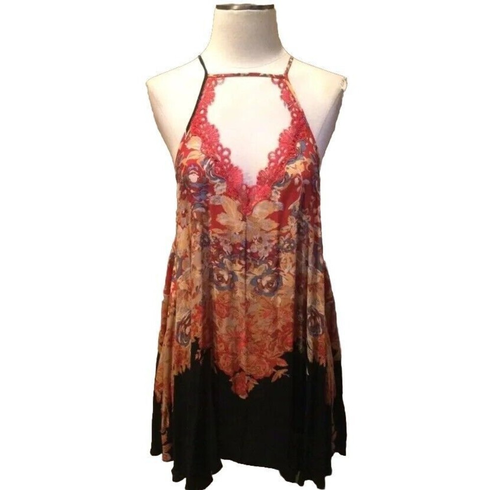 Intimately Free People Size M Black Sleeveless Floral Tunic Blouse W Lace Trim - Picture 4 of 12